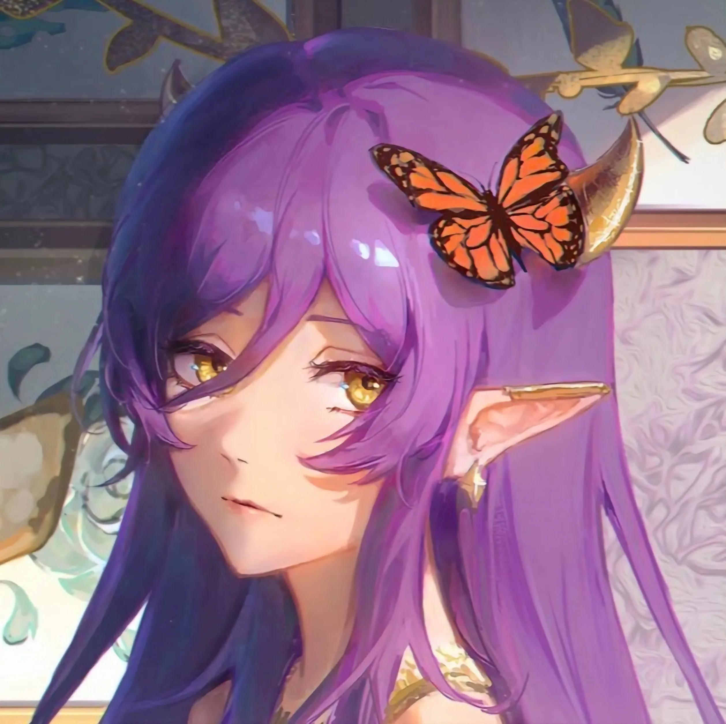 Illustrated portrait of a character with violet hair and a butterfly