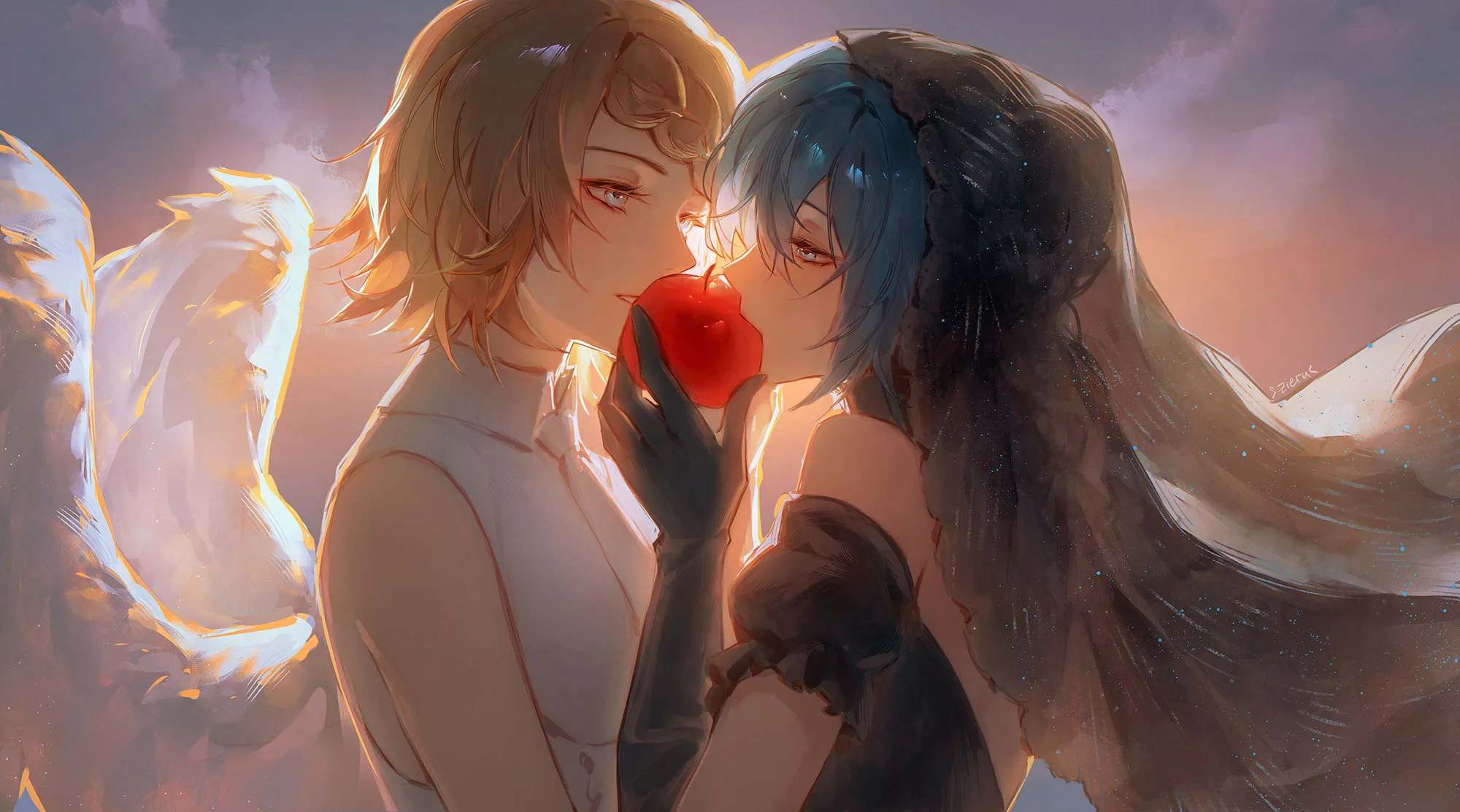 Two characters in black and white sharing a red apple