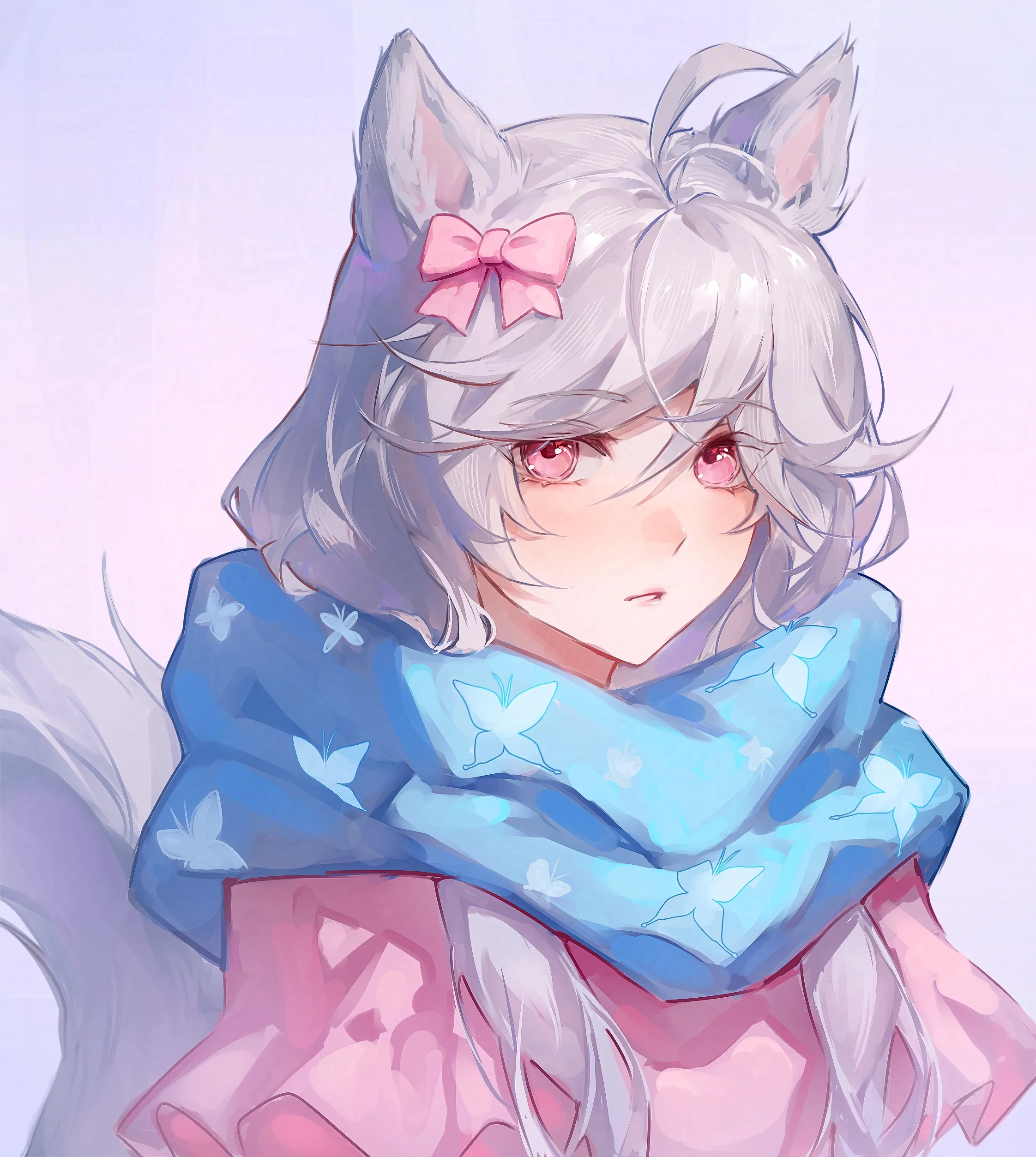 Cat eared character with a pink bow wrapped in a blue scarf