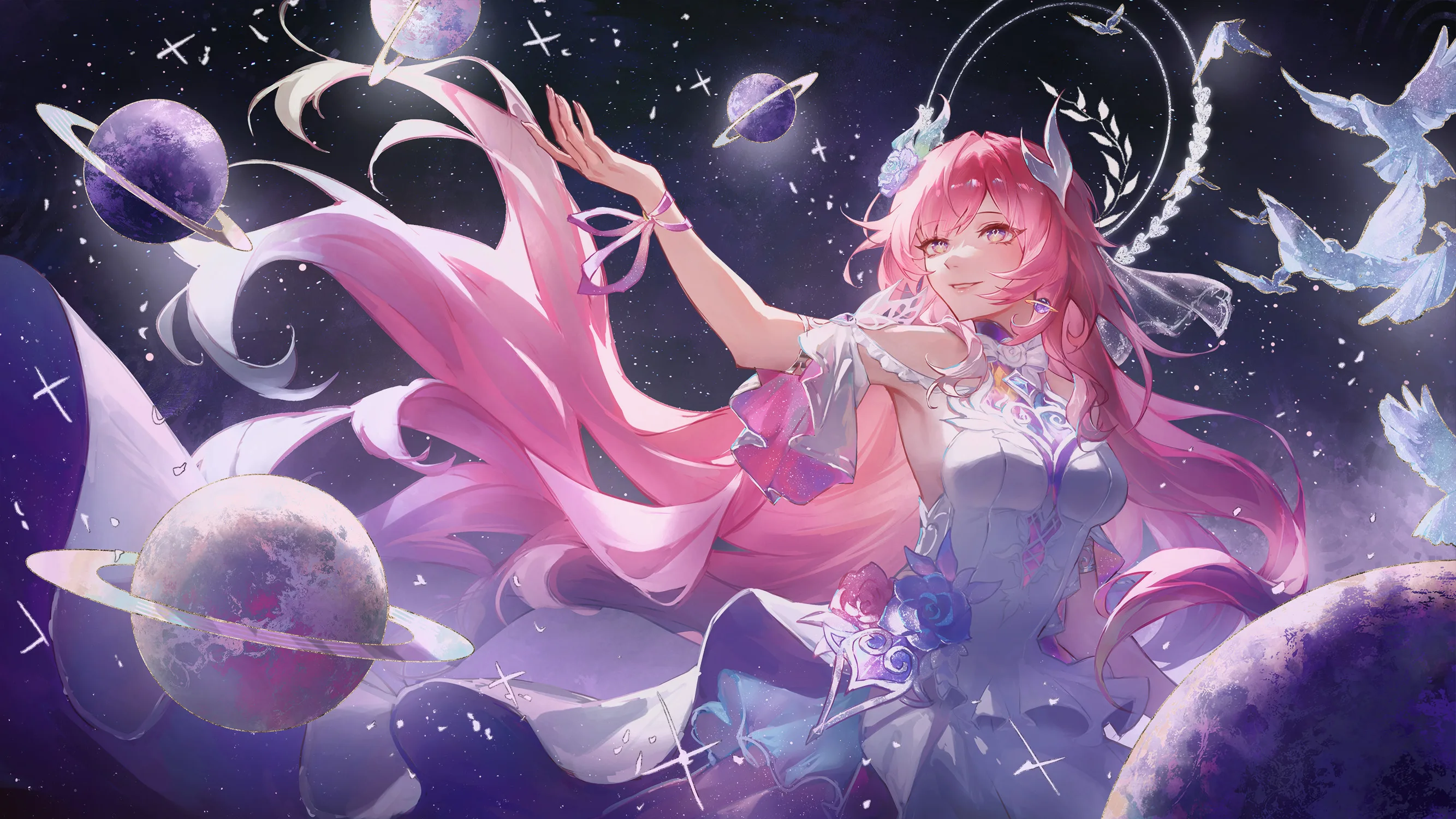 Pink haired woman drifting among pale planets and blossoms