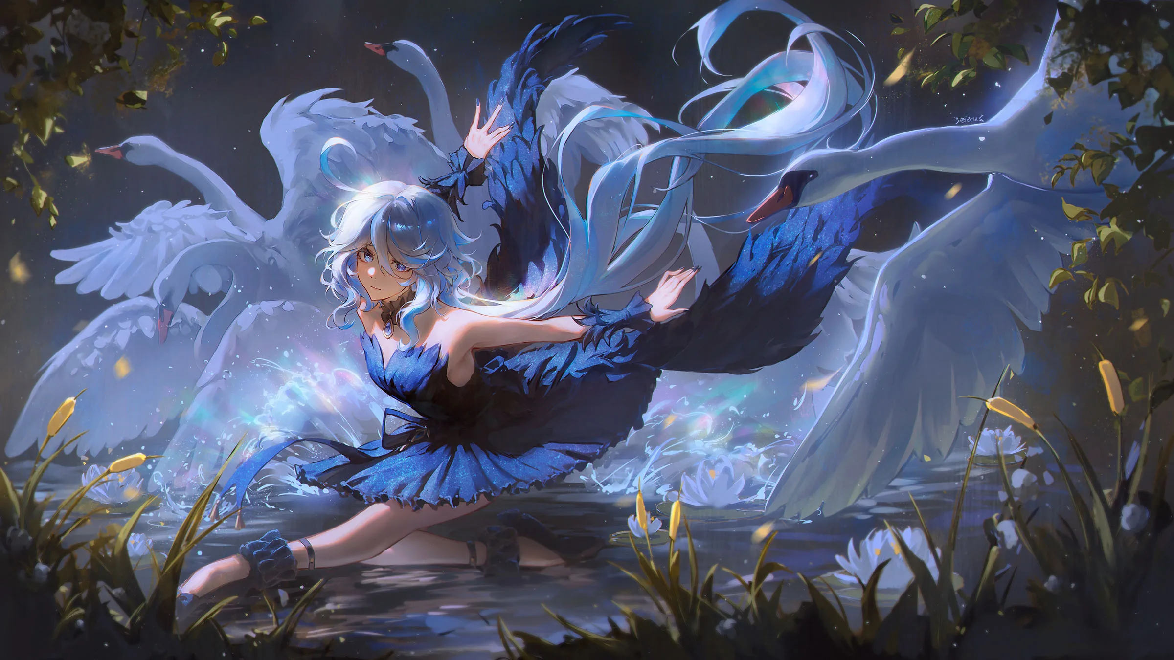 Blue haired woman beside a white swan at night