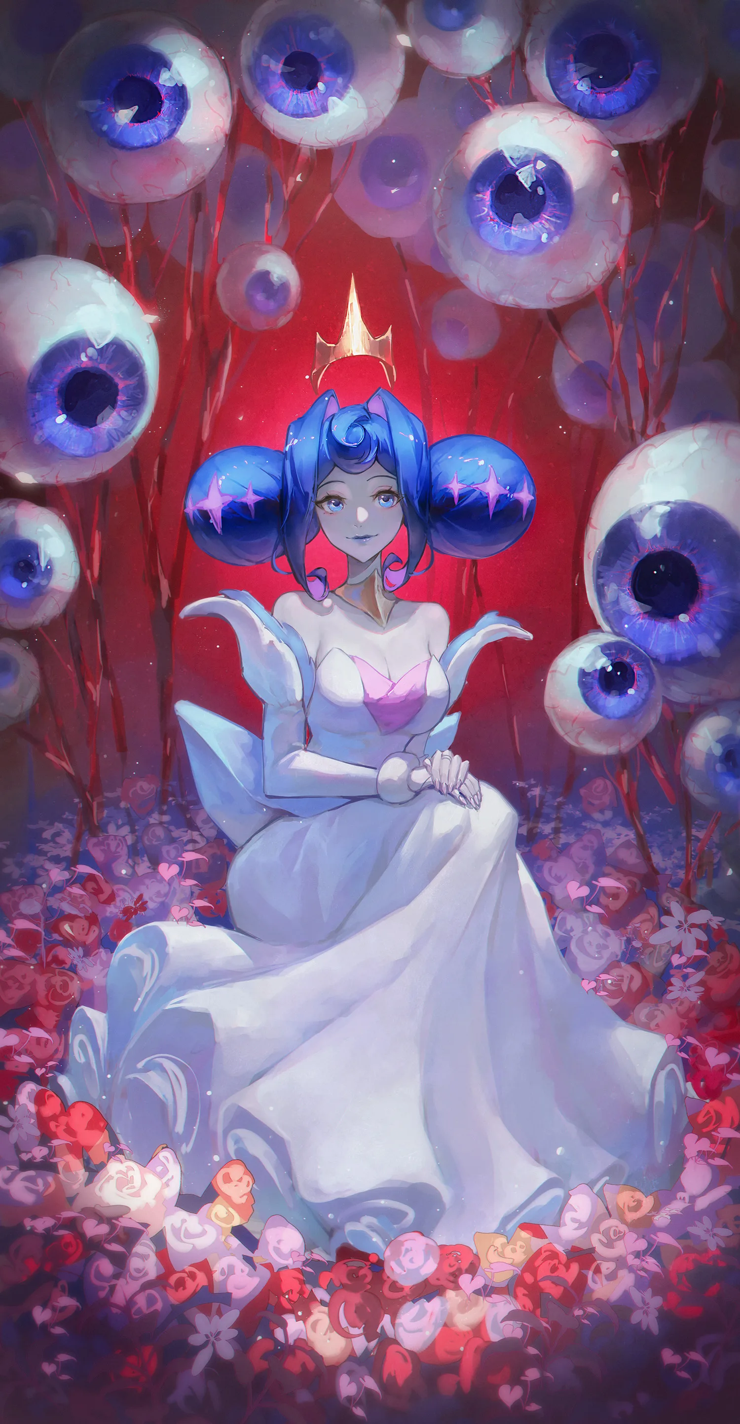 Woman in a white gown among red roses beneath watching eyes