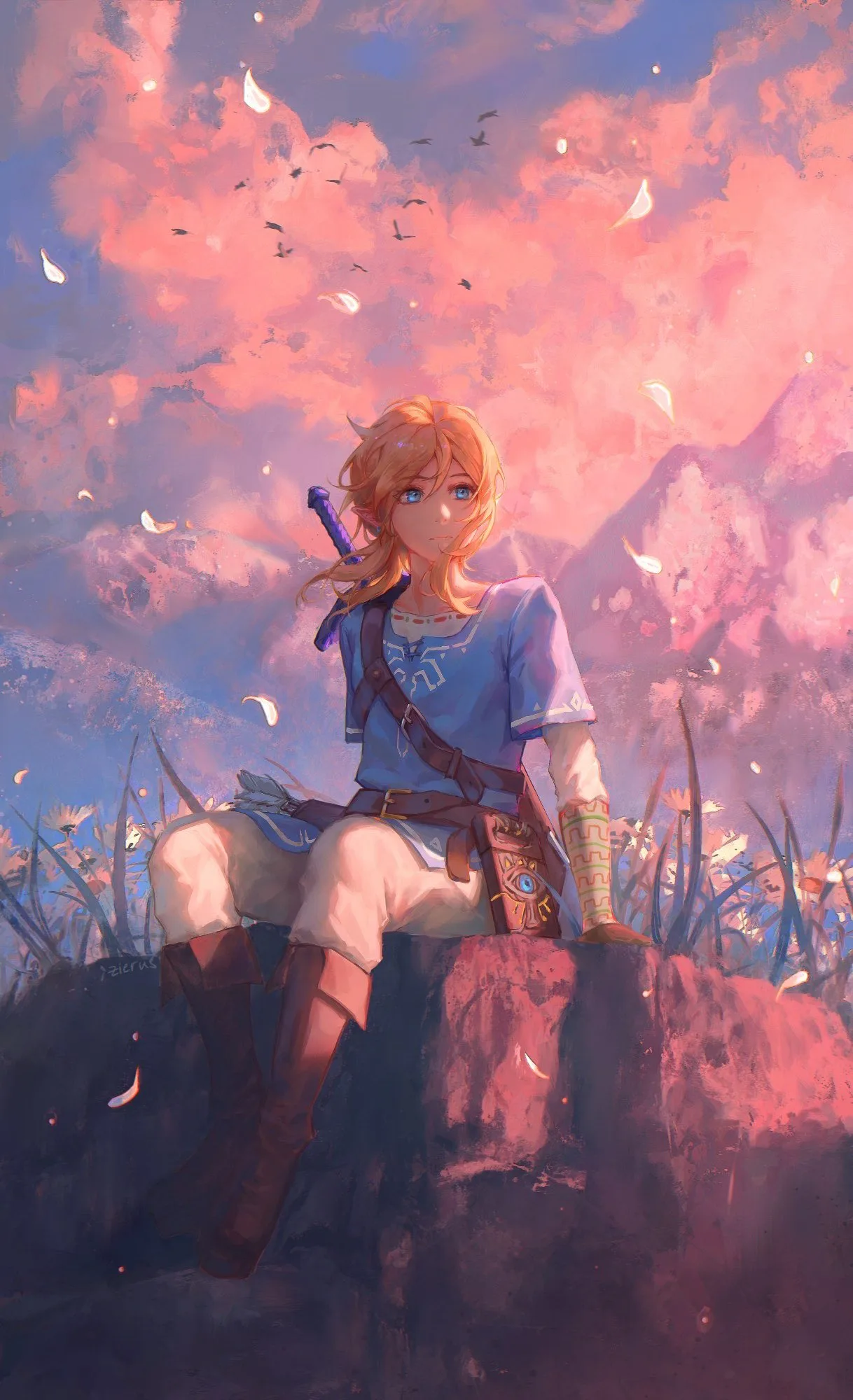 Link resting on a rock in a field of drifting pink petals