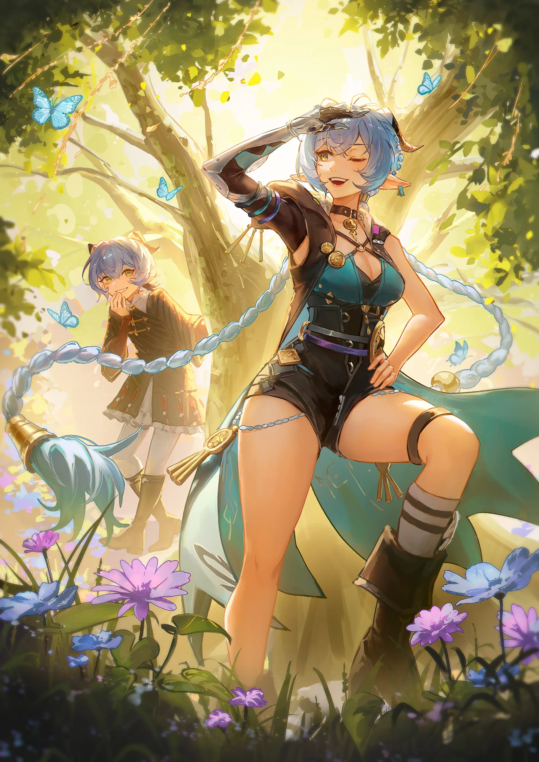 Two adventurers resting among wildflowers beneath a forest tree