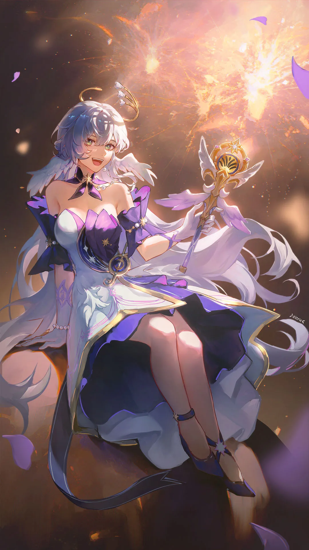 Woman in a blue dress beneath theatrical lights