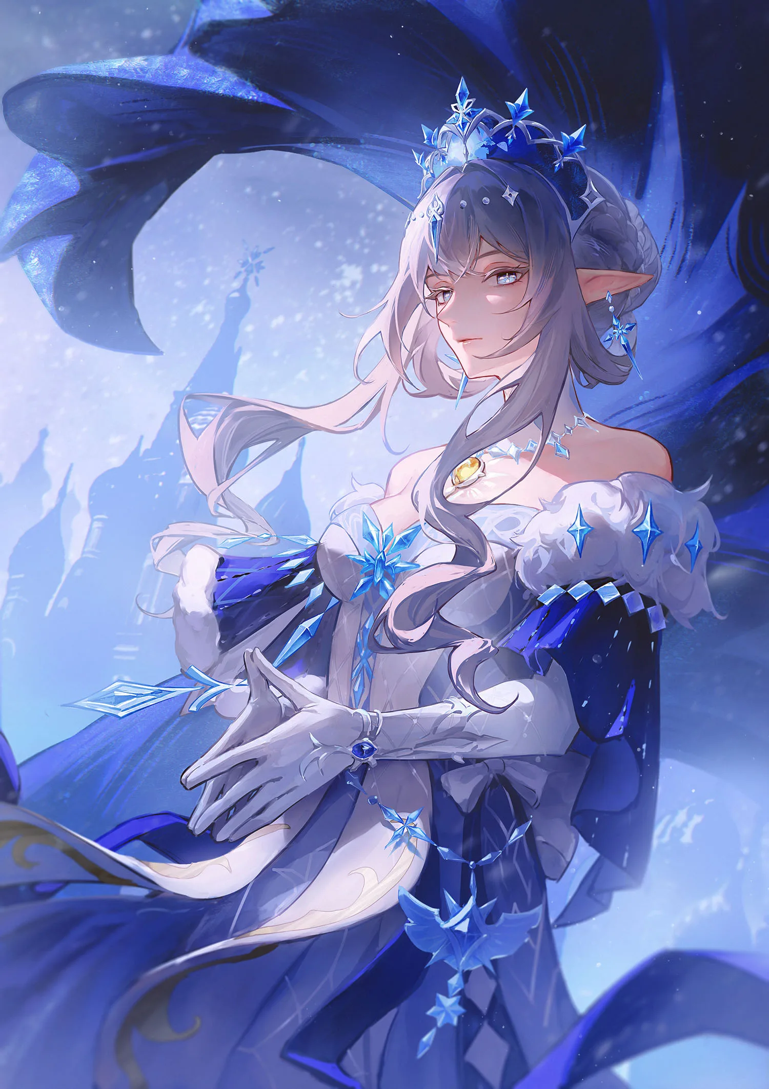 Regal woman with a lace parasol in blue and white