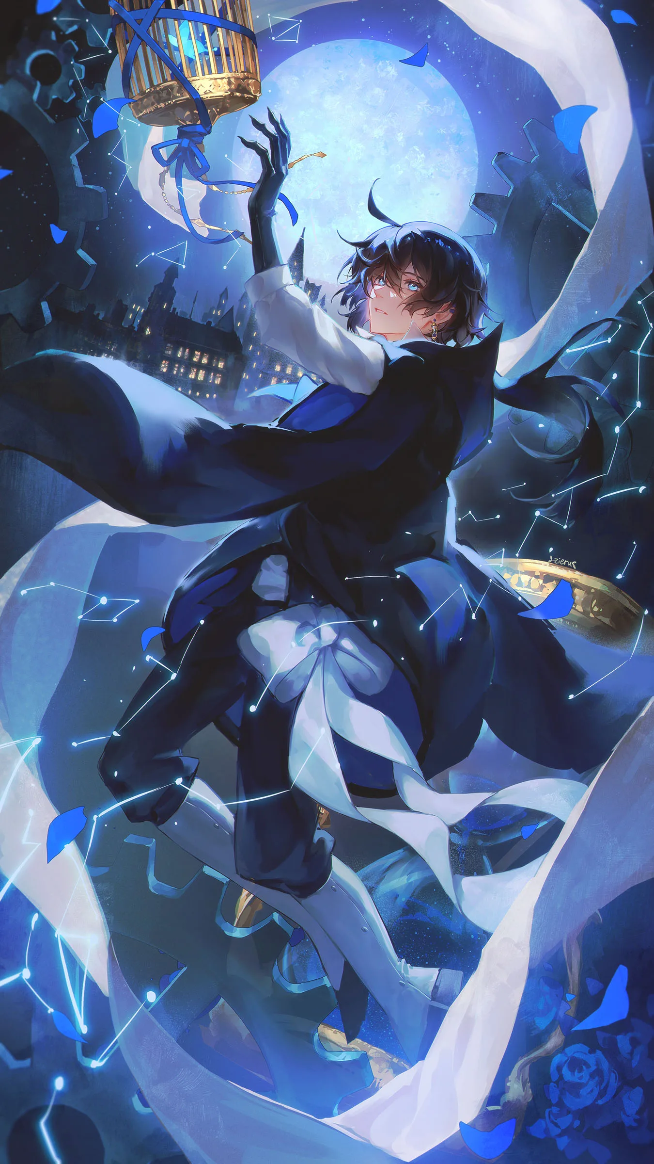 Dark haired character in a blue coat reaching up beneath a pale moon