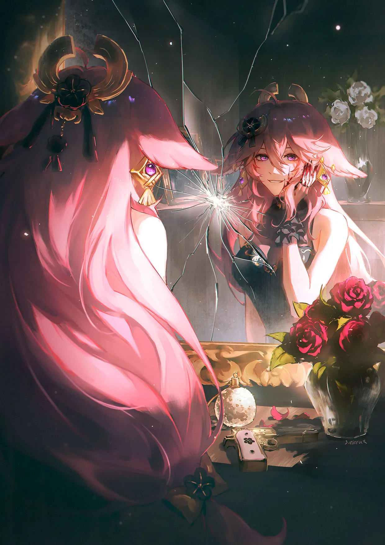 Pink haired shrine maiden beside glowing trinkets and roses