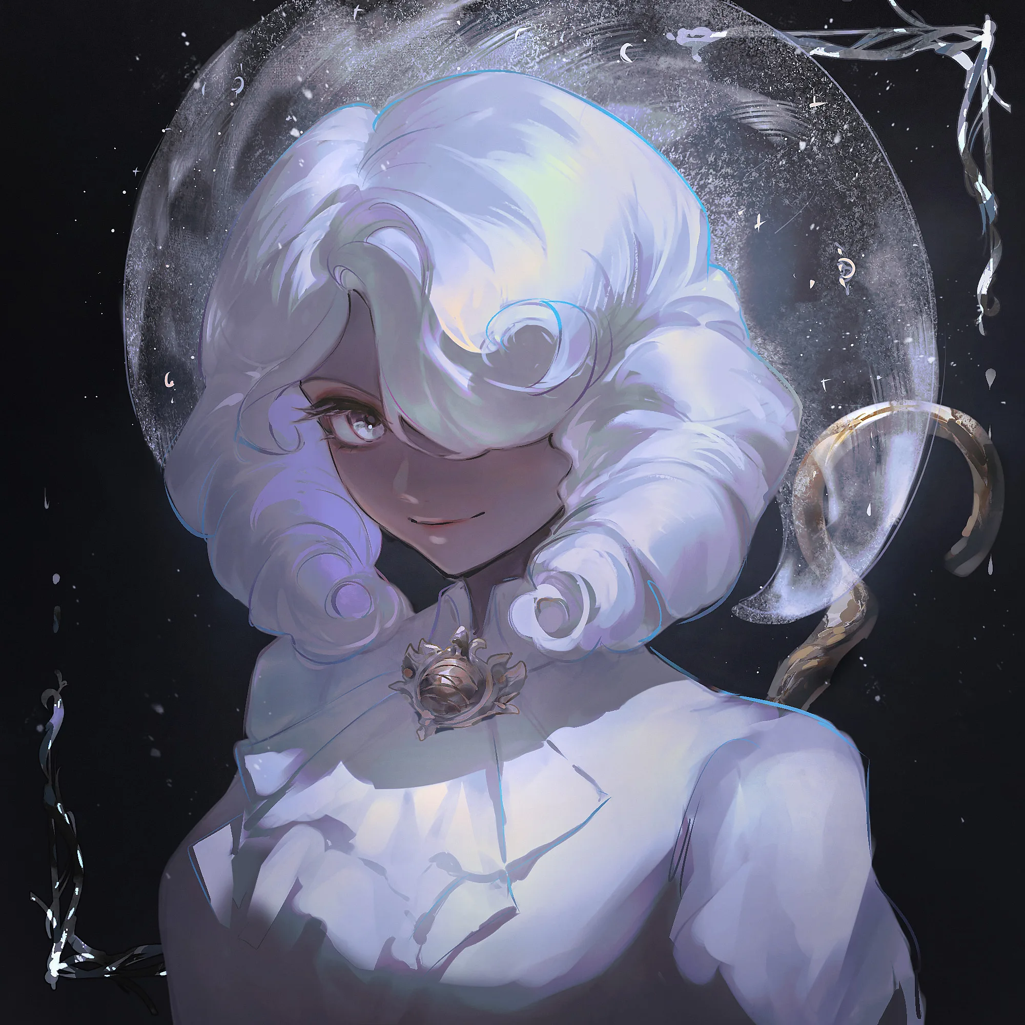 White haired character framed by black lace and a moon