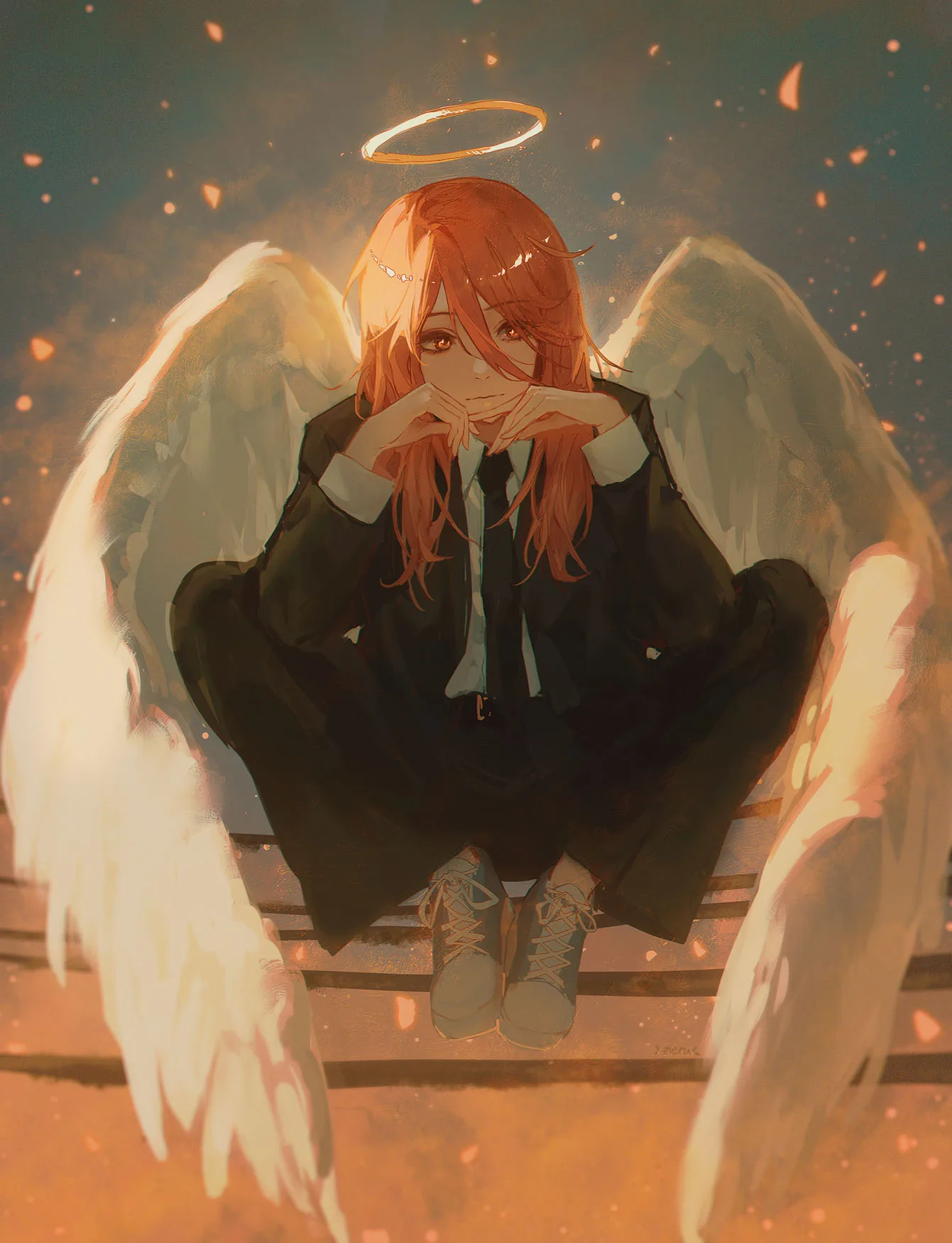 Winged character with a halo seated in soft light