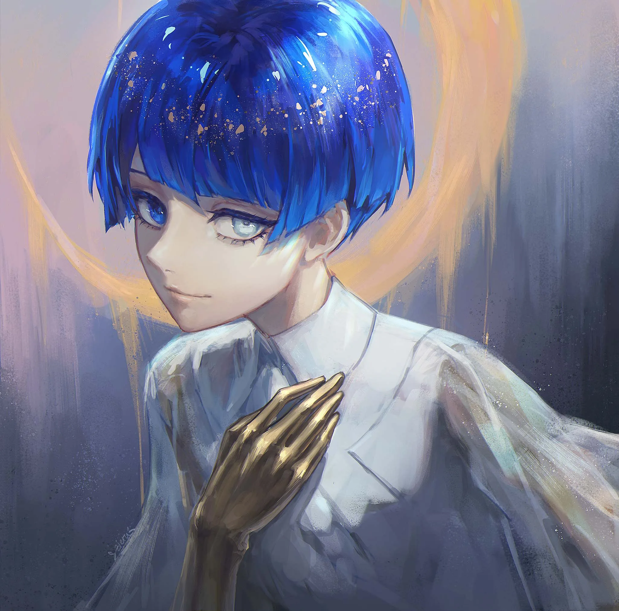 Blue haired character with golden hands before a luminous arc