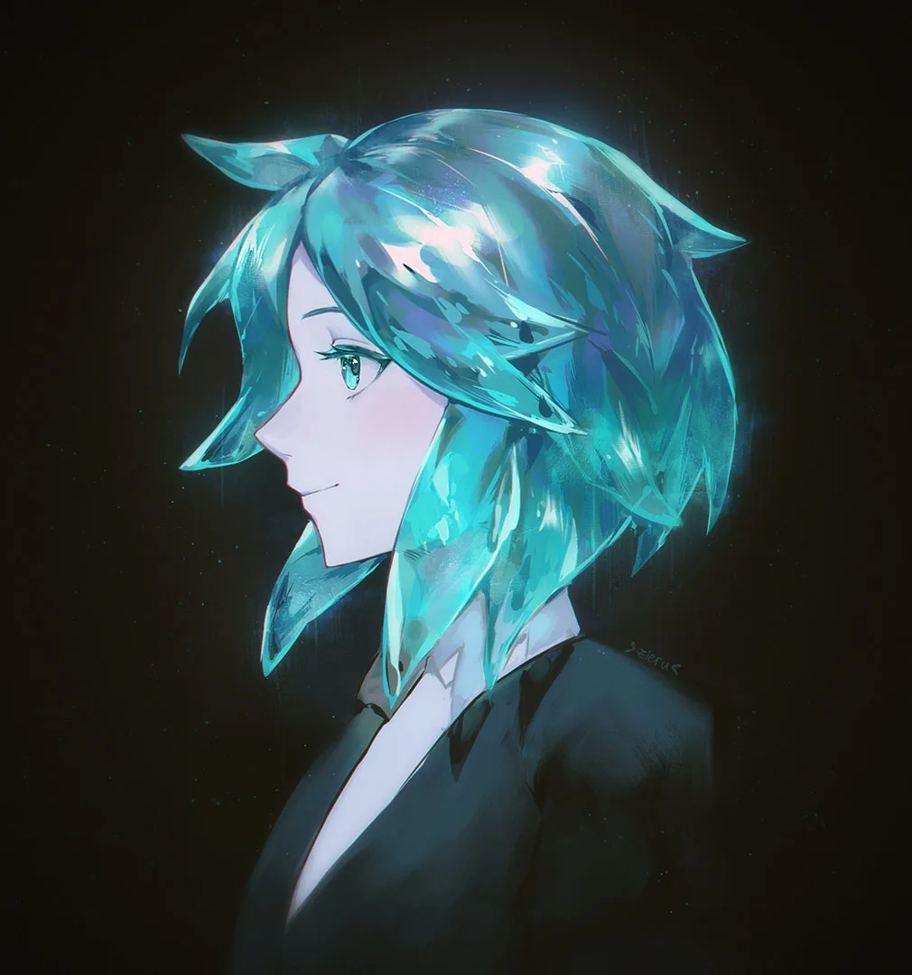 Blue haired character portrait against a dark background