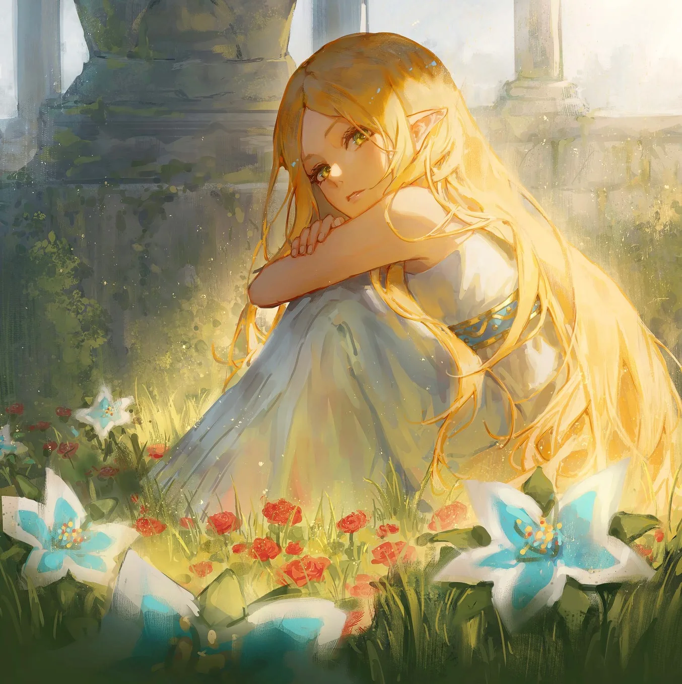Princess Zelda in a flowing white dress among lilies