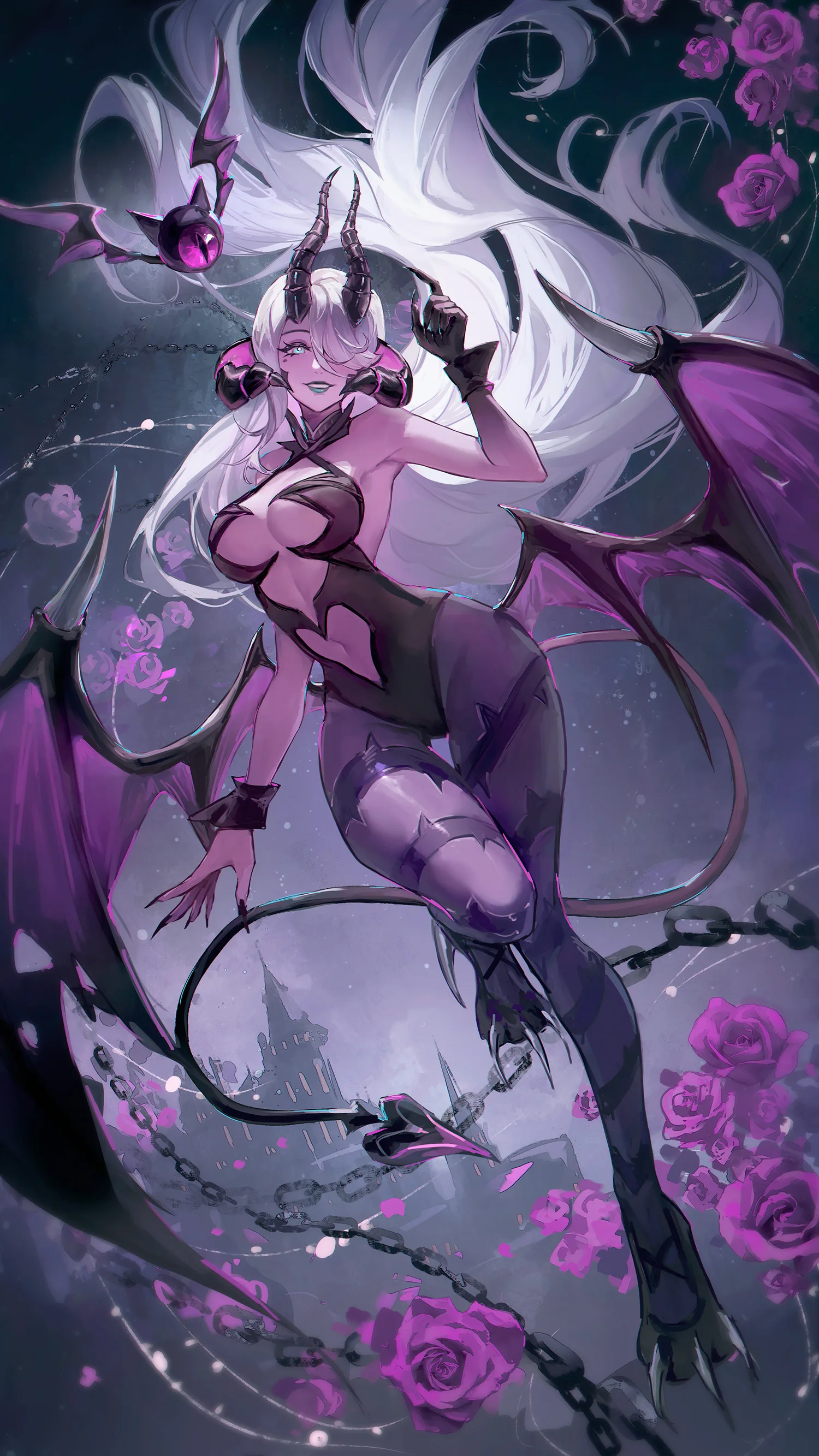Horned character with bat wings among violet roses