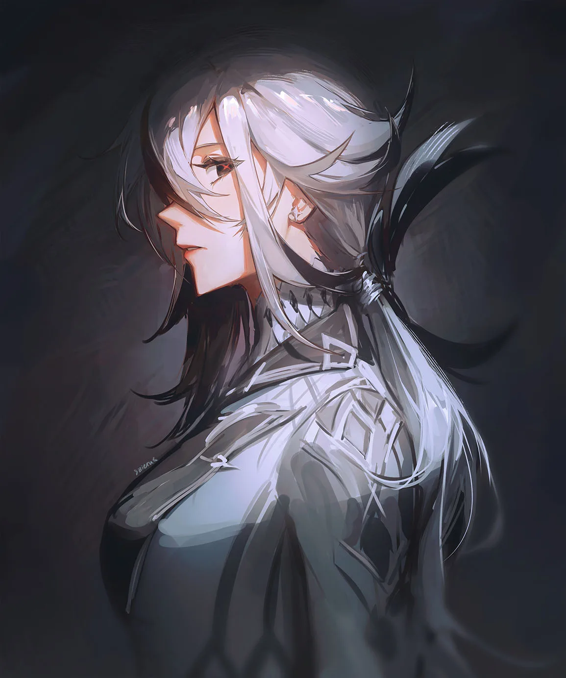 White haired woman in a dark tailored coat