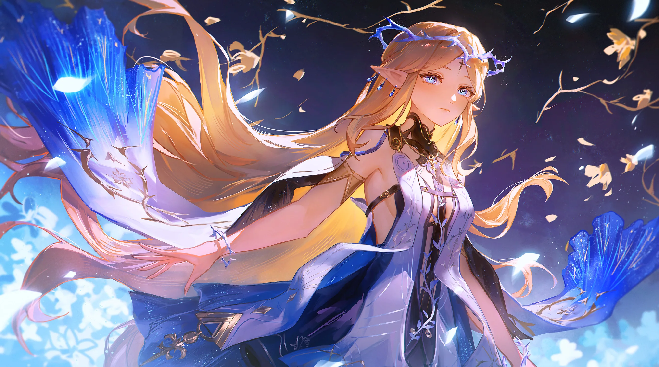 Small knight meeting a luminous fairy in a dreamlike field