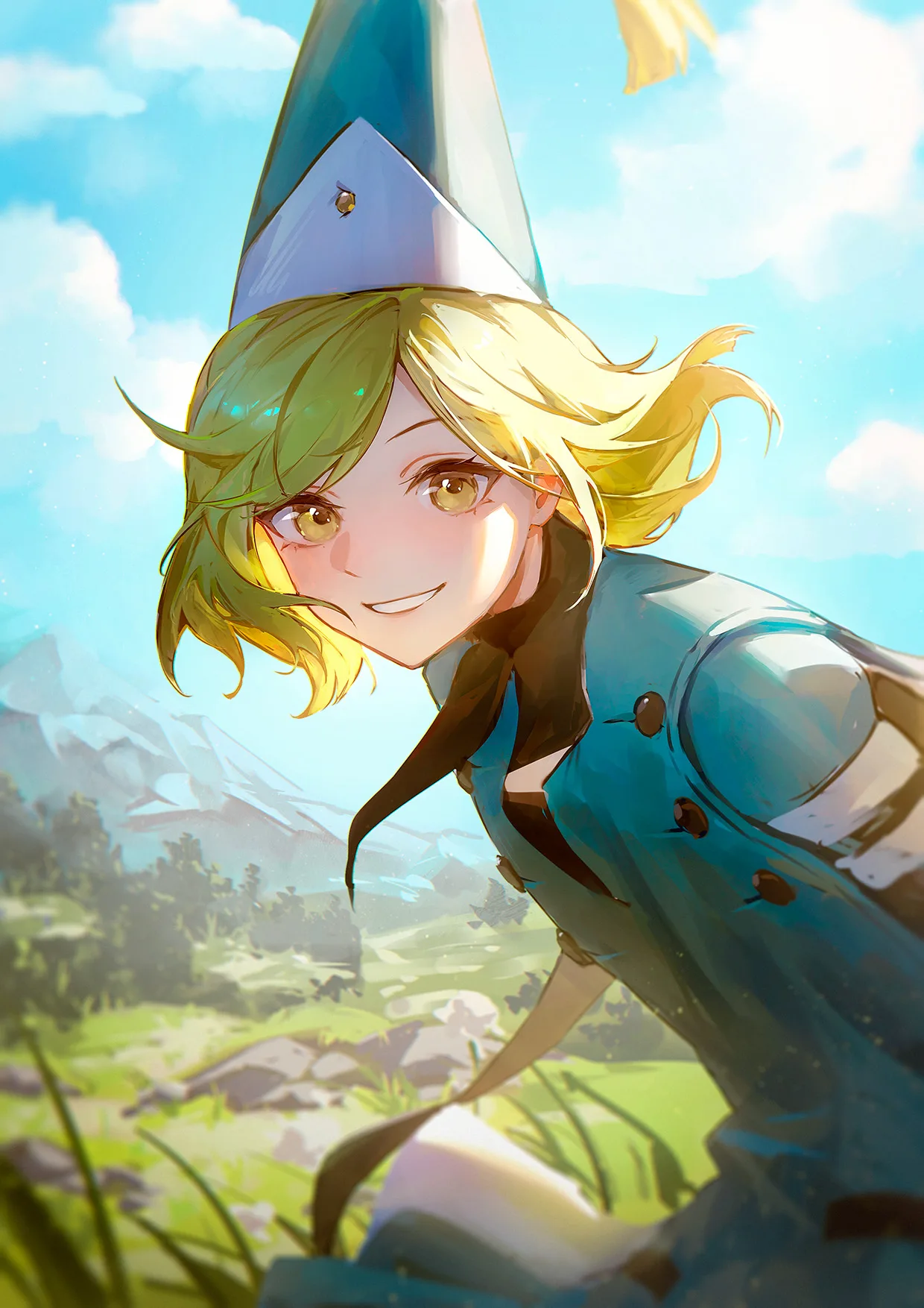Smiling apprentice witch in a pointed hat under a bright sky