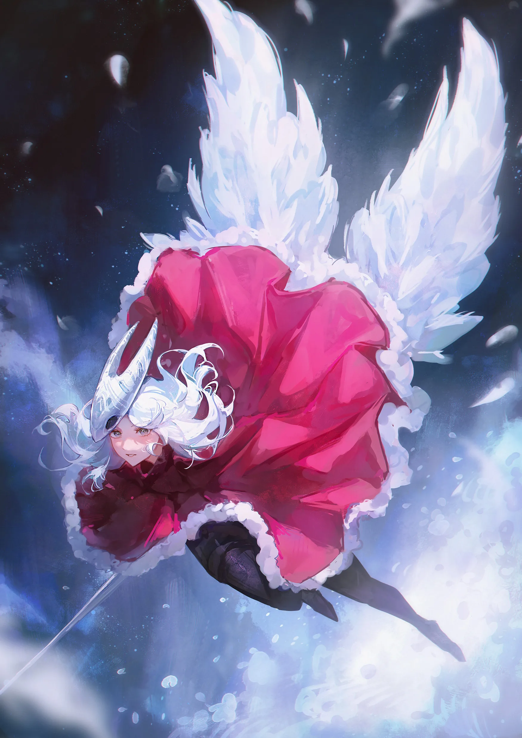 White winged figure in a crimson gown falling through darkness
