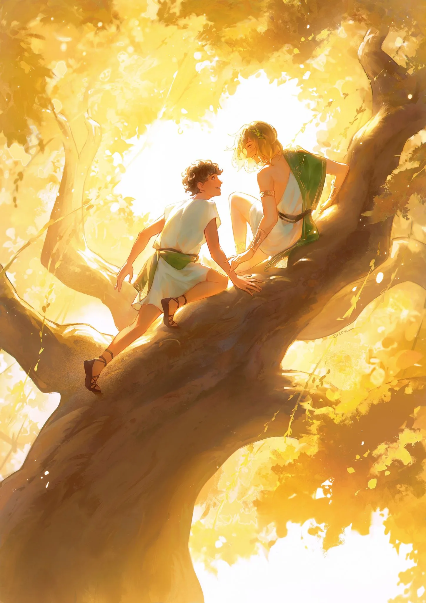 Two boys sitting high in a radiant golden tree