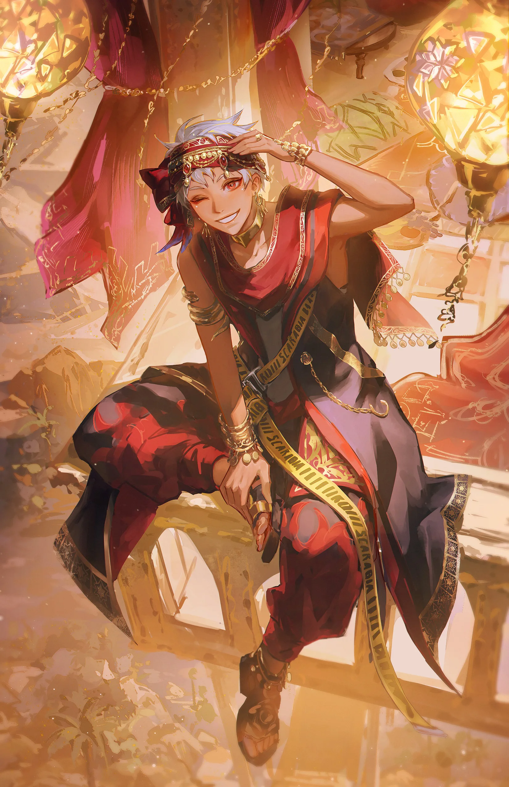 White haired character in red and gold festival clothes