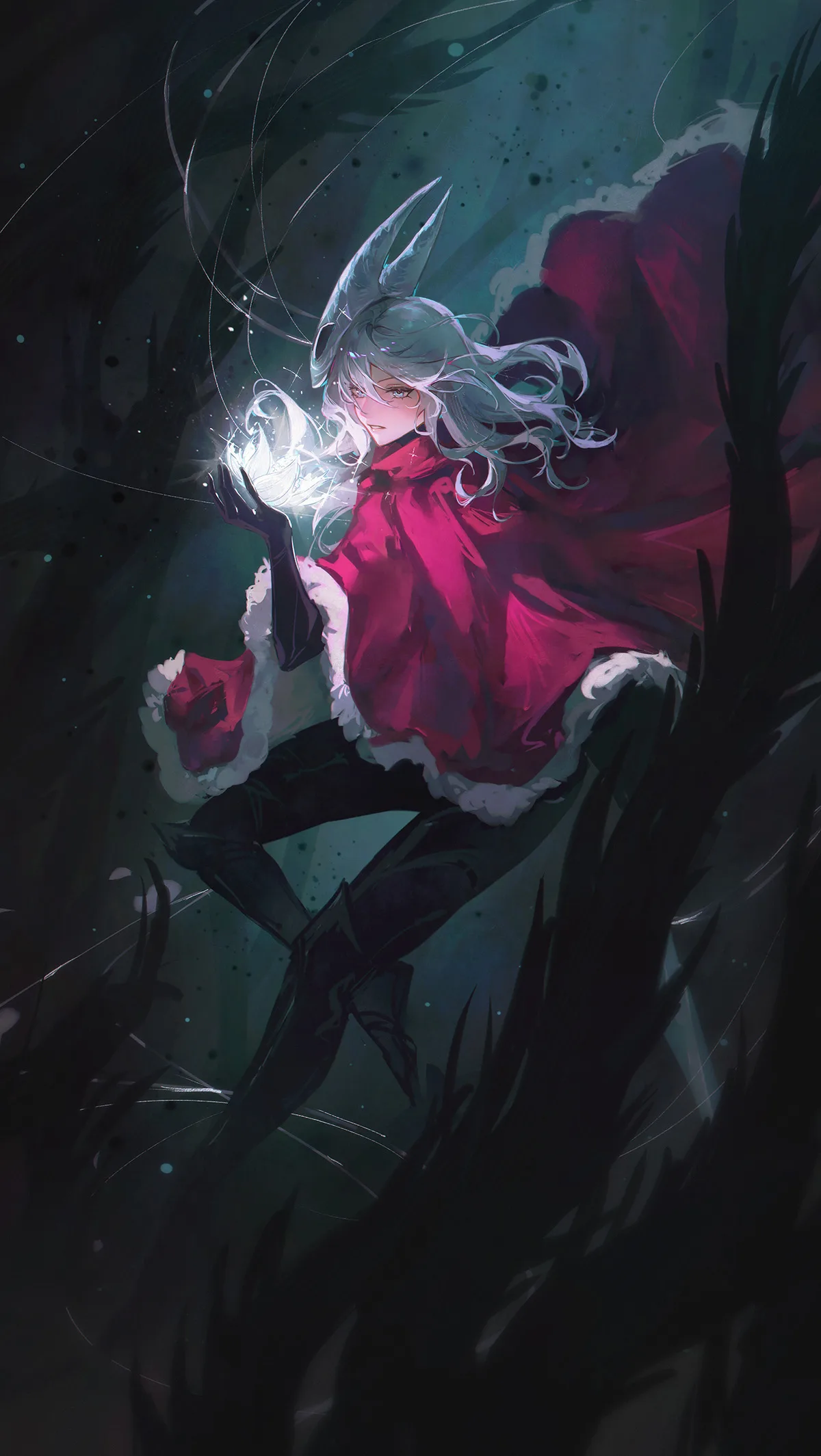Figure in red diving through darkness toward a glowing light