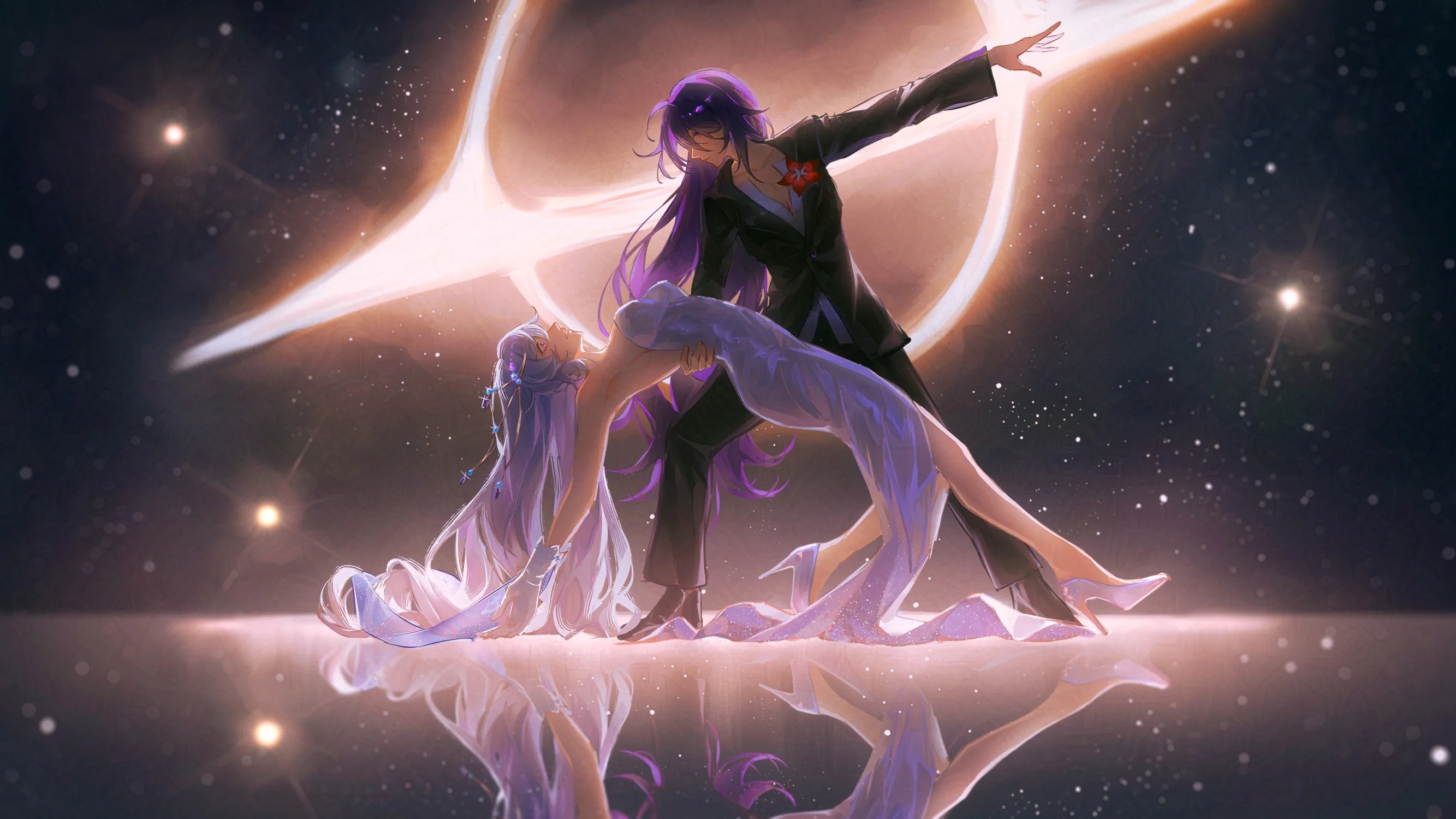 Two figures dancing beneath the moon