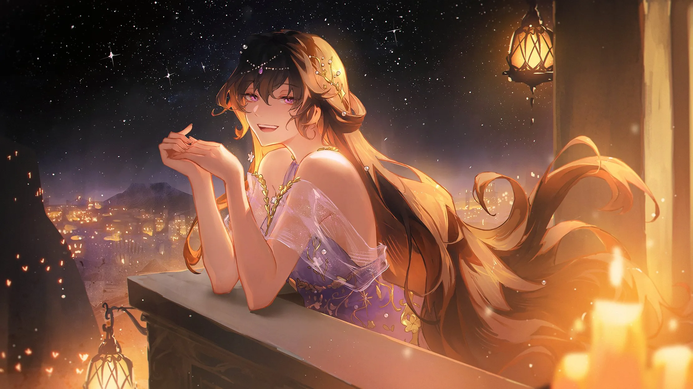 Long haired woman leaning on a balcony rail under warm lantern light