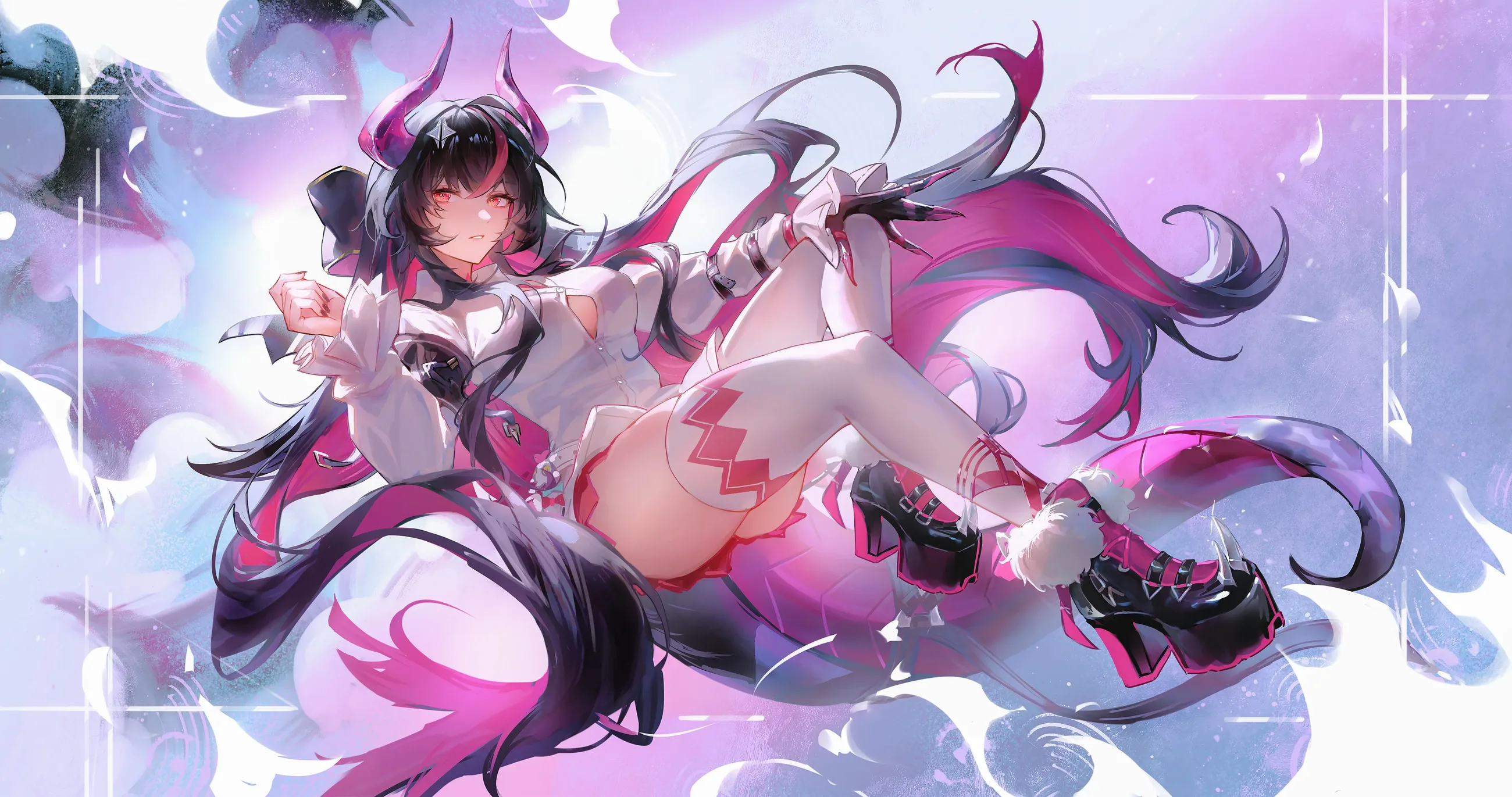 Pink haired horned character in a luminous fantasy scene