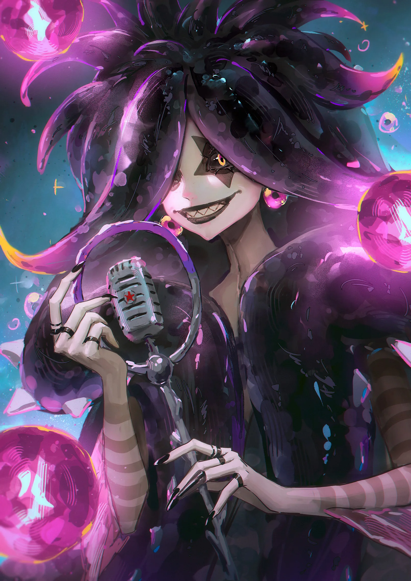 Grinning character with wild violet hair holding a microphone