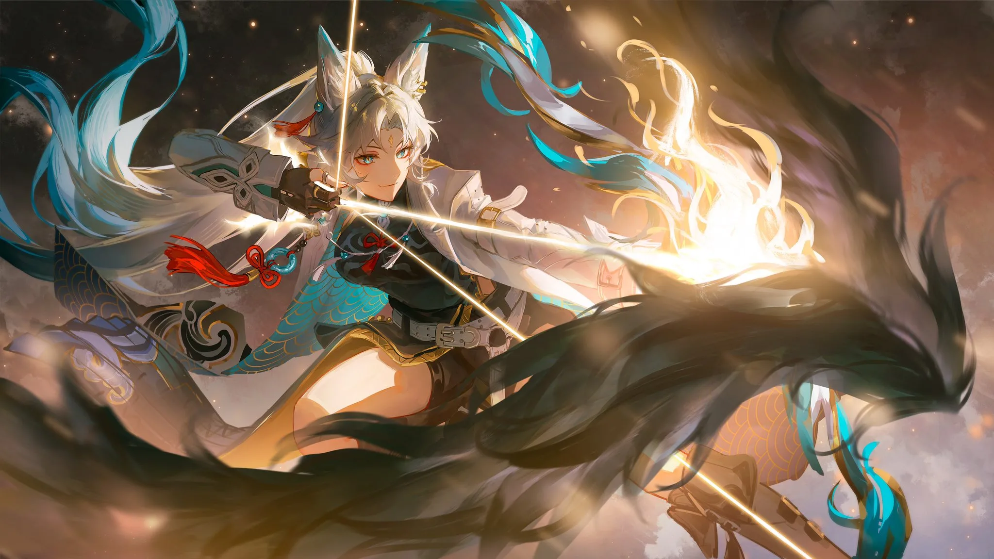 White haired archer drawing a glowing bow